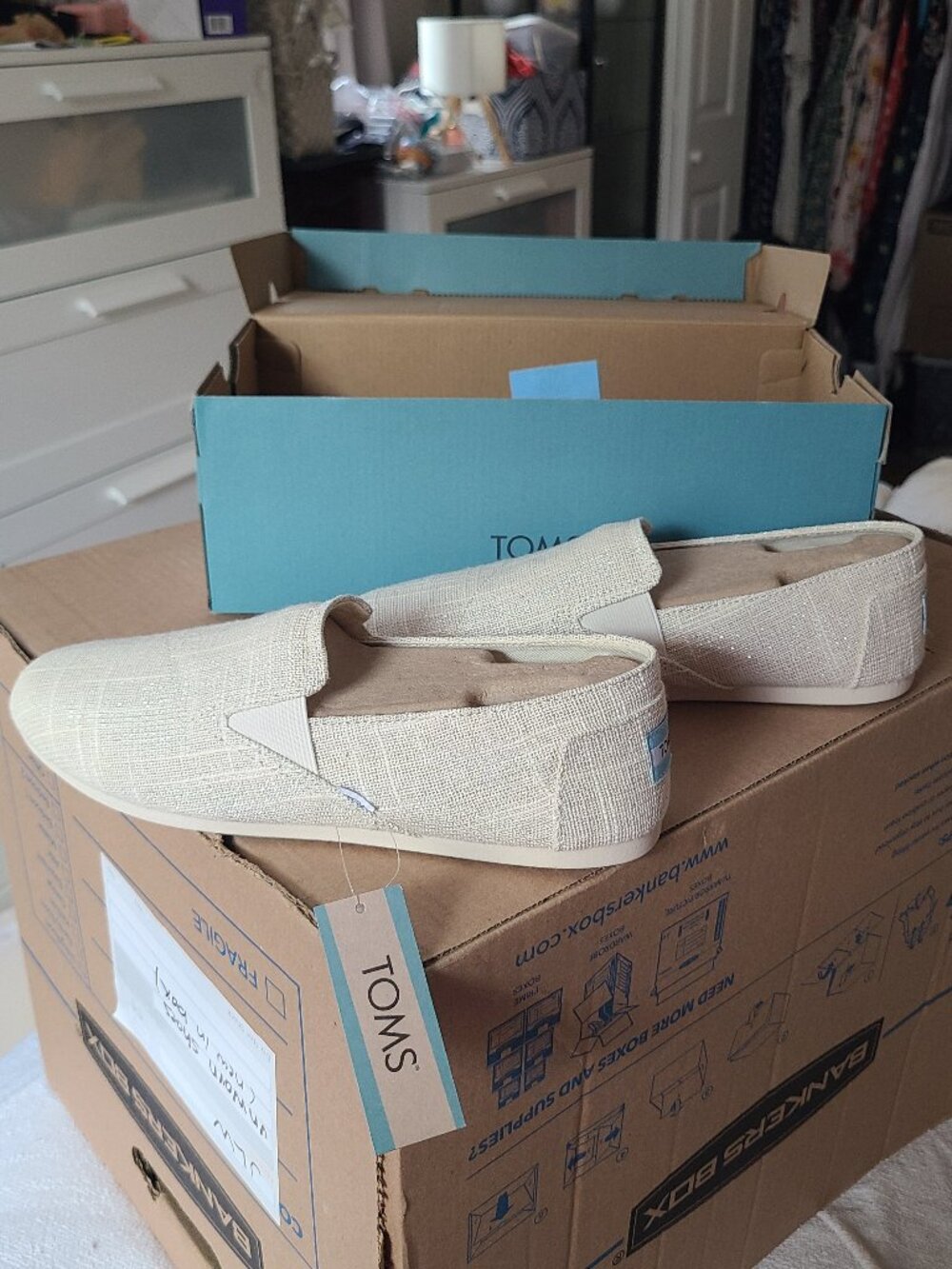 TOMS Redondo Loafers, Natural Metallic Slubby Woven, W US Size 9.5